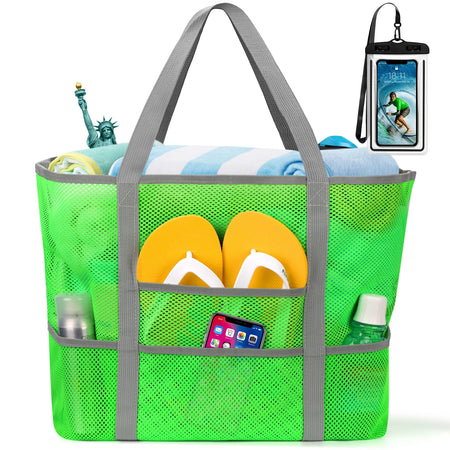 Mesh Beach Bag, Mesh Tote Bag for Women Oversized Beach Tote Bag with 9 Pockets (Green)
