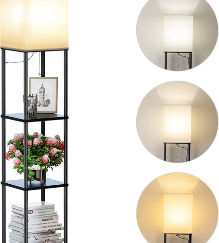 Floor Lamp with Shelves, Modern Square Standing Lamp with 3 Color Temperature Bulb, Corner Display Bookshelf Lamp for Living Room and Bedroom(Black)