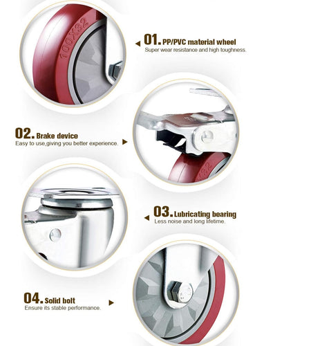 4" Heavy Duty Caster Wheels without Brakes + Screws - up to 1320Lbs - Set of 4 No Floor Marks Silent Castor for Furniture - Rubbered Trolley or Pallet Swivel Wheels - Silver Casters