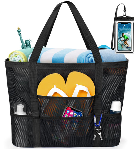 Mesh Beach Bag , Safe Mesh Tote Bag for Picnic Women Oversized Beach Tote Bag with 9 Small Pockets (Black)