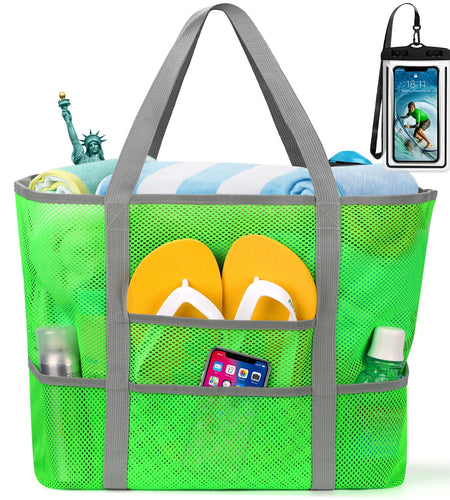 Mesh Beach Bag, Mesh Tote Bag for Women Oversized Beach Tote Bag with 9 Pockets (Green)