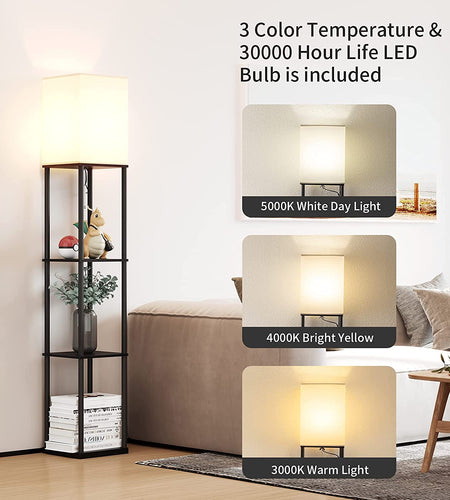 Floor Lamp with Shelves, Modern Square Standing Lamp with 3 Color Temperature Bulb, Corner Display Bookshelf Lamp for Living Room and Bedroom(Black)