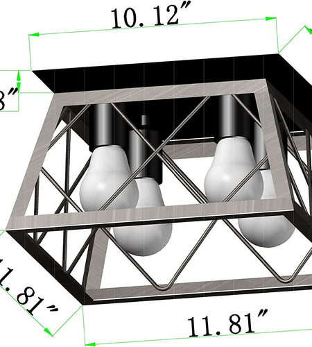 Farmhouse Ceiling Light Oak Semi Flush Mount Vintage 4-Light Square Rustic Island Light Fixtures for Entryway Hallway Dining Room Living Room Bedroom