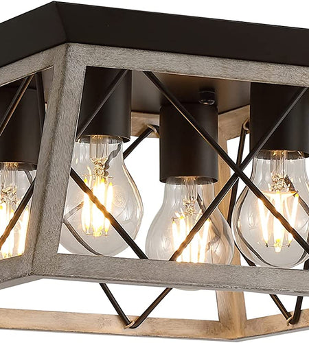 Farmhouse Ceiling Light Oak Semi Flush Mount Vintage 4-Light Square Rustic Island Light Fixtures for Entryway Hallway Dining Room Living Room Bedroom