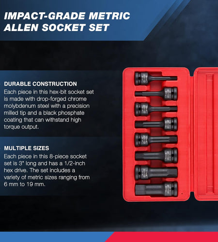 01136B 1/2” Drive Allen Bit Socket Set | 8 Piece | MM | 6Mm to 19Mm | 3” Length | Cr-Mo Impact Grade