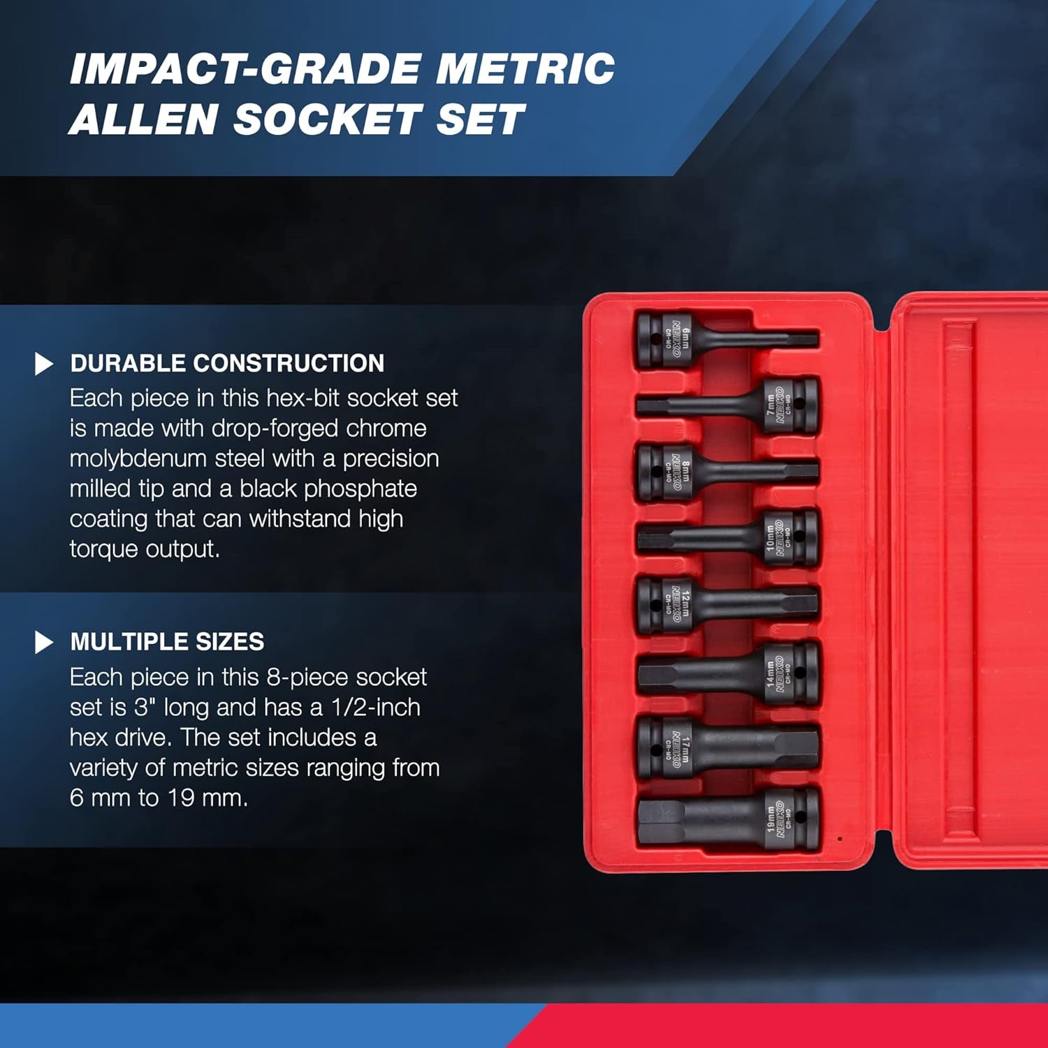 01136B 1/2” Drive Allen Bit Socket Set | 8 Piece | MM | 6Mm to 19Mm | 3” Length | Cr-Mo Impact Grade