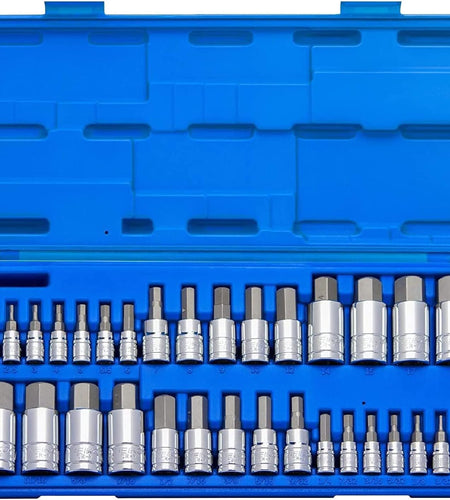10288A Allen Hex Bit Socket Set, 32 Piece SAE and Metric Allen Socket Set, Allen Head Hex Key Socket Set Made with S2 Steel