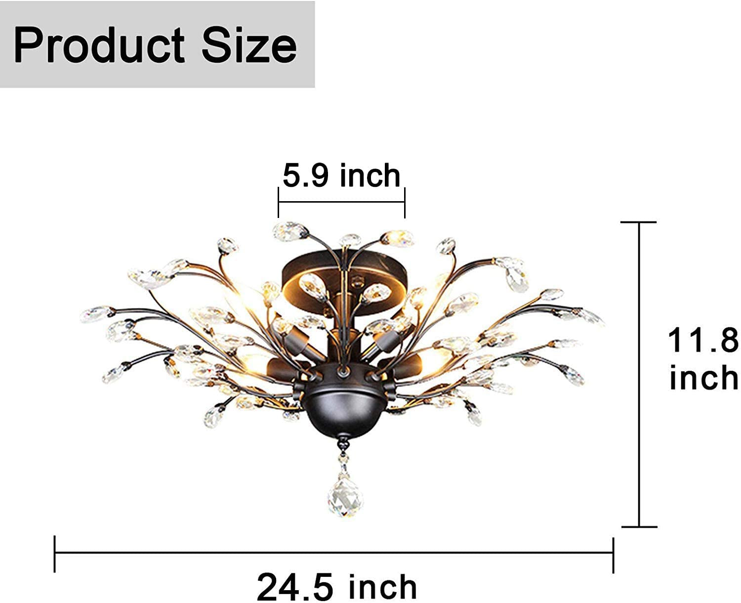 -Light Vintage Crystal Branches Chandeliers Black Ceiling Light Flush Mounted Fixture with 4 Light 160W 24.5" Dia