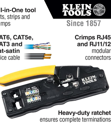 VDV226-107 Compact Ratcheting Modular Data Cable Crimper / Wire Stripper / Wire Cutter, CAT6, CAT5, CAT3, Flat-Satin Voice Cable