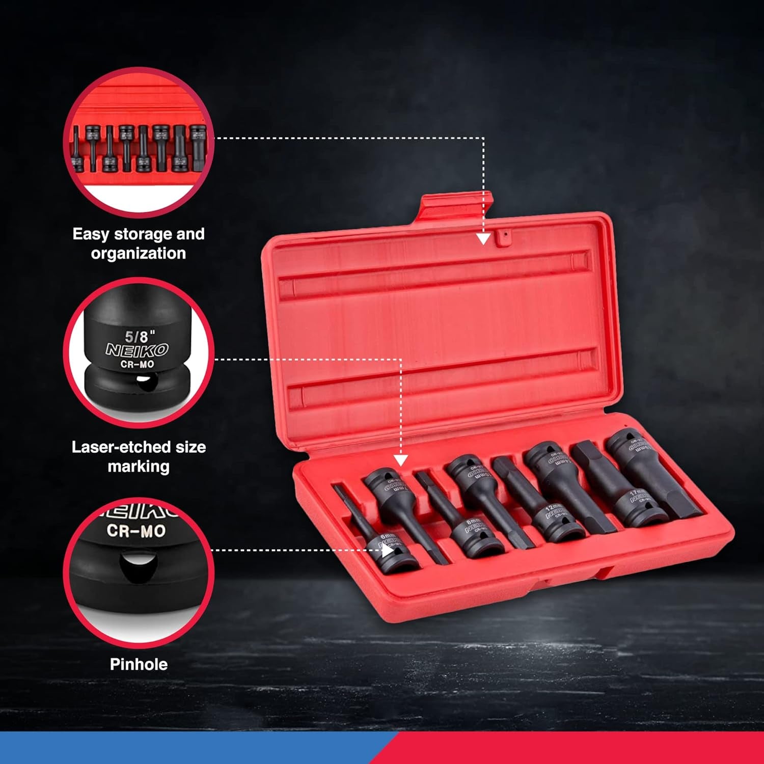 01136B 1/2” Drive Allen Bit Socket Set | 8 Piece | MM | 6Mm to 19Mm | 3” Length | Cr-Mo Impact Grade