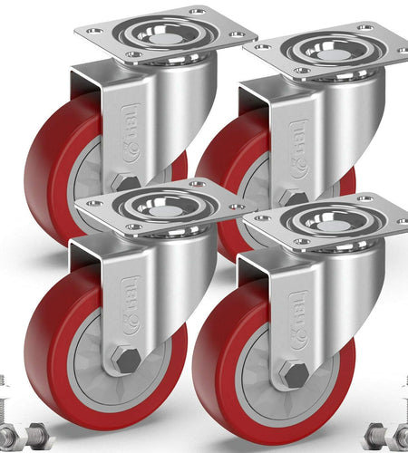 4" Heavy Duty Caster Wheels without Brakes + Screws - up to 1320Lbs - Set of 4 No Floor Marks Silent Castor for Furniture - Rubbered Trolley or Pallet Swivel Wheels - Silver Casters