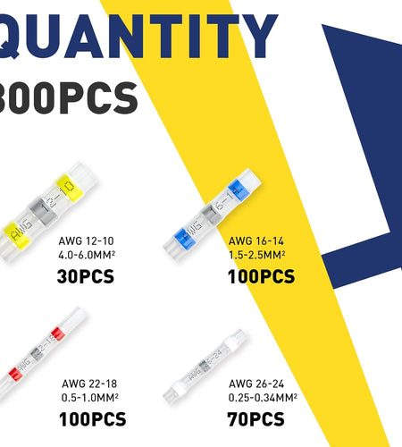 300PCS Solder Seal Wire Connectors- Marine Grade Heat Shrink Wire Connectors-Heat Shrink Butt Connectors-Self Solder for Marine,Stereo(30Yellow 70White 100Red 100Blue) Solder Sleeve
