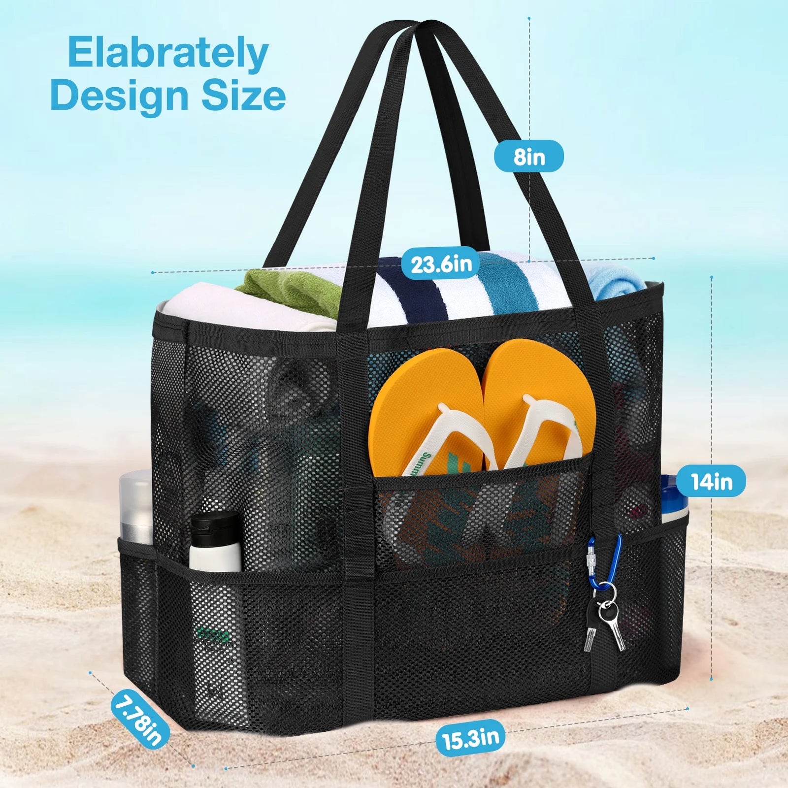 Mesh Beach Bag , Safe Mesh Tote Bag for Picnic Women Oversized Beach Tote Bag with 9 Small Pockets (Black)