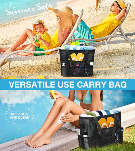 Mesh Beach Bag , Safe Mesh Tote Bag for Picnic Women Oversized Beach Tote Bag with 9 Small Pockets (Black)
