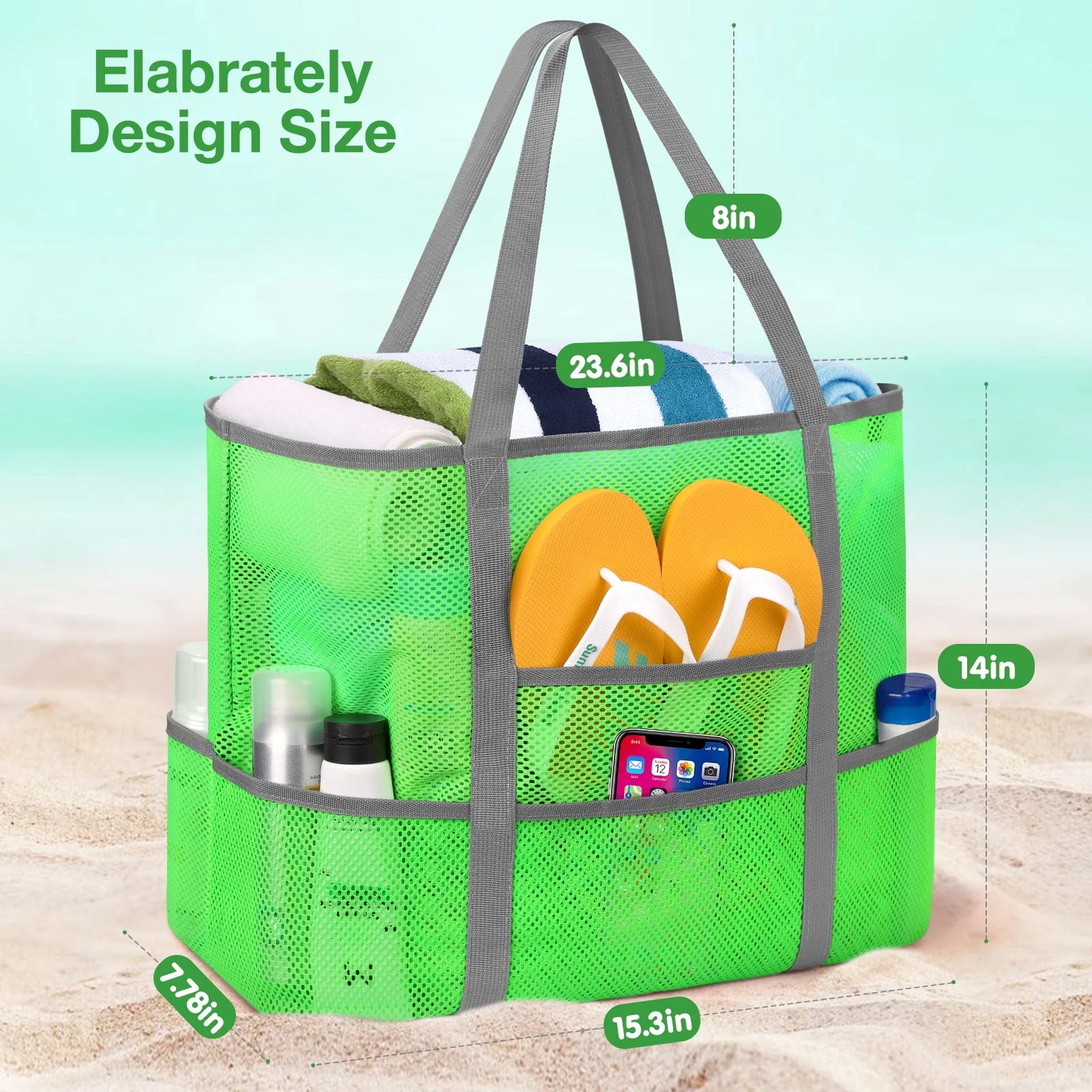 Mesh Beach Bag, Mesh Tote Bag for Women Oversized Beach Tote Bag with 9 Pockets (Green)