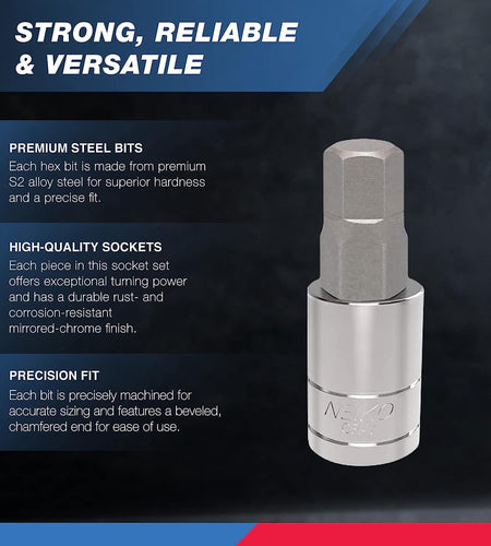 10288A Allen Hex Bit Socket Set, 32 Piece SAE and Metric Allen Socket Set, Allen Head Hex Key Socket Set Made with S2 Steel